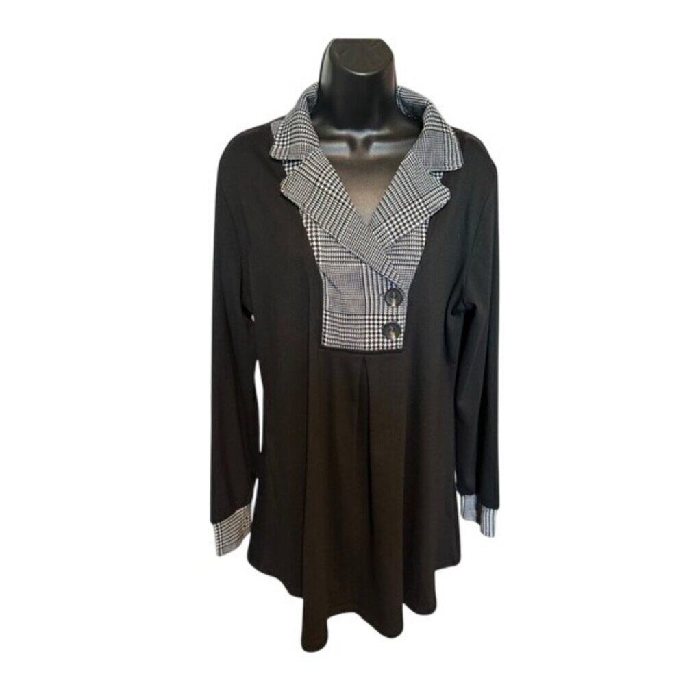Gaharu Women Black Houndstooth Plaid Long Sleeve Tunic Top XL Button Detail NWT - Picture 5 of 8